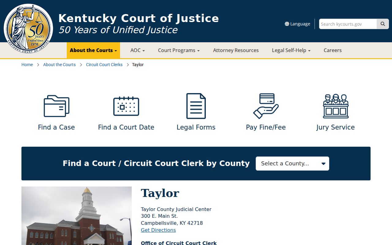 Taylor County criminal court records at the Kentucky Judicial Center page